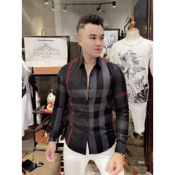 Áo sơ mi đen nam dài tay BBR Caro Kẻ Sọc Dáng Ôm, Vải Cotton Mềm Mịn Không Nhăn Thấm Hút Mồ Hôi