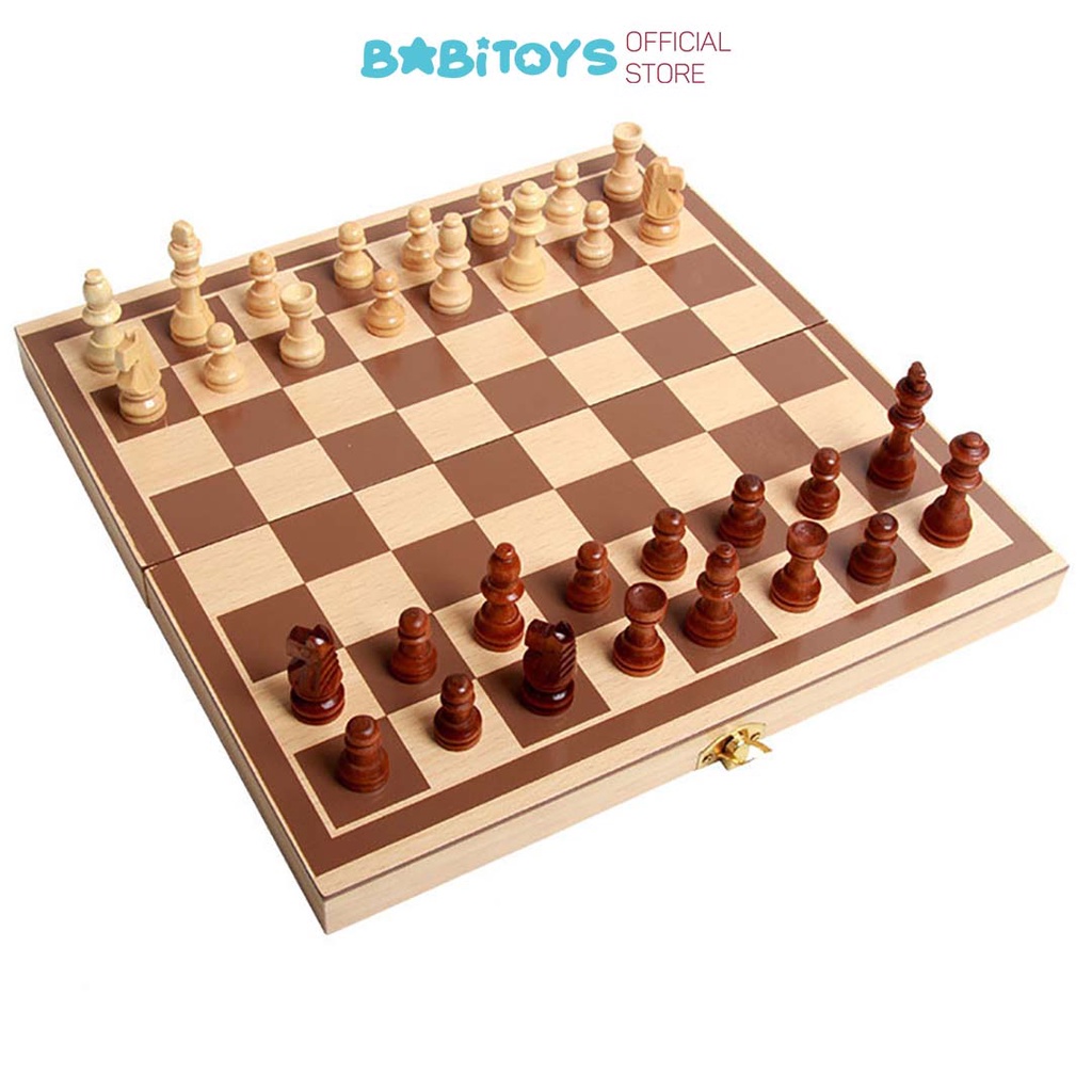 Bộ cờ vua bằng gỗ 30x30cm thiết kế gập gọn làm hộp đựng cờ cho bé tập chơi cờ vua phát triển trí thông minh