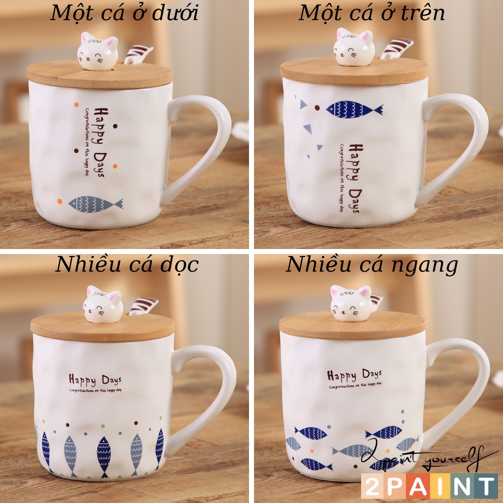 Cốc sứ Happy Days có nắp gỗ, cốc uống nước họa tiết cá gỗ decor, trang trí ( Tặng thìa sứ ) 2PAINT
