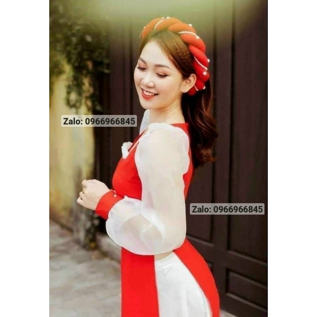Áo dài cổ vuông phối tay bồng von tơ dáng tiểu thư