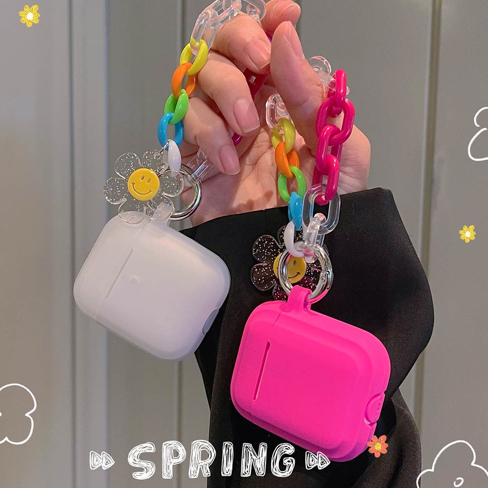 Vỏ Bảo Vệ Hộp Sạc Tai Nghe AirPods 1 2 Pro 3 Bằng Chất Liệu Silicone Mềm Hình Hoa Mặt Cười Gắn Móc Khóa