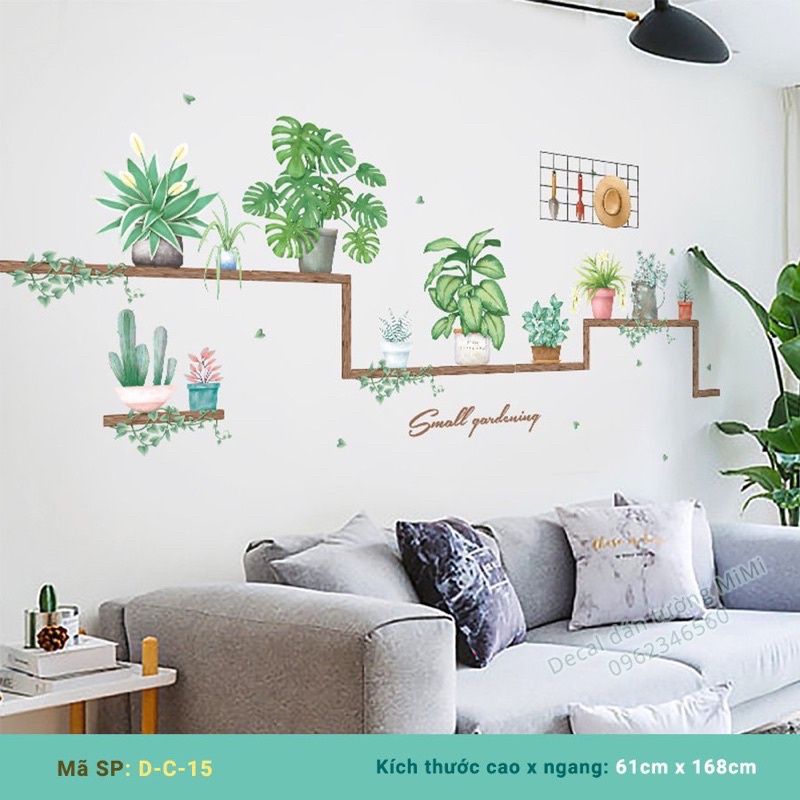 Decal dán tường chậu cây xanh nâu kèm kích thước