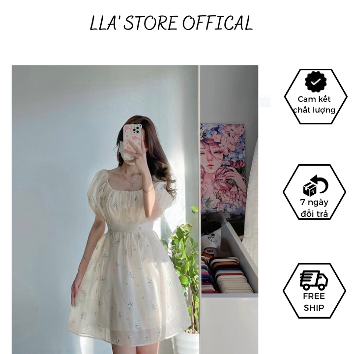 Váy Hoa Nhí Dáng Xoè Cut Out Tay Bồng, Bo Eo Cột Nơ Lưng tôn dáng, dịu dàng - HK33