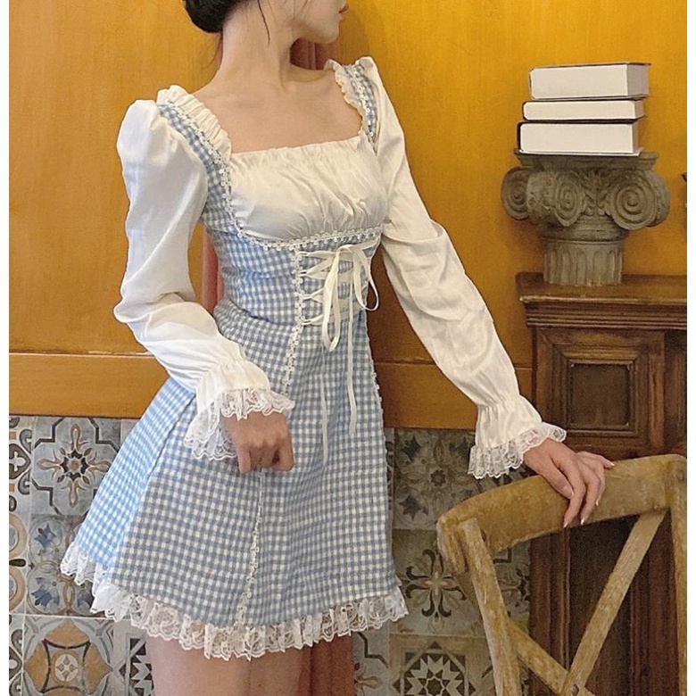 Đầm váy caro xanh tay phồng viền ren phong cách tiểu thư Vintage siêu xinh