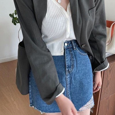 [60kg-90kg] Quần váy jeans BigSize co dãn mạnh phom A nhẹ, lưng cao trên rốn, có quần trong, màu xanh đậm rách kiểu 4290