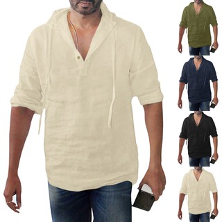 Men Baggy Cotton Linen Solid Button Plus Size Long Sleeve Hooded Shirts Tops