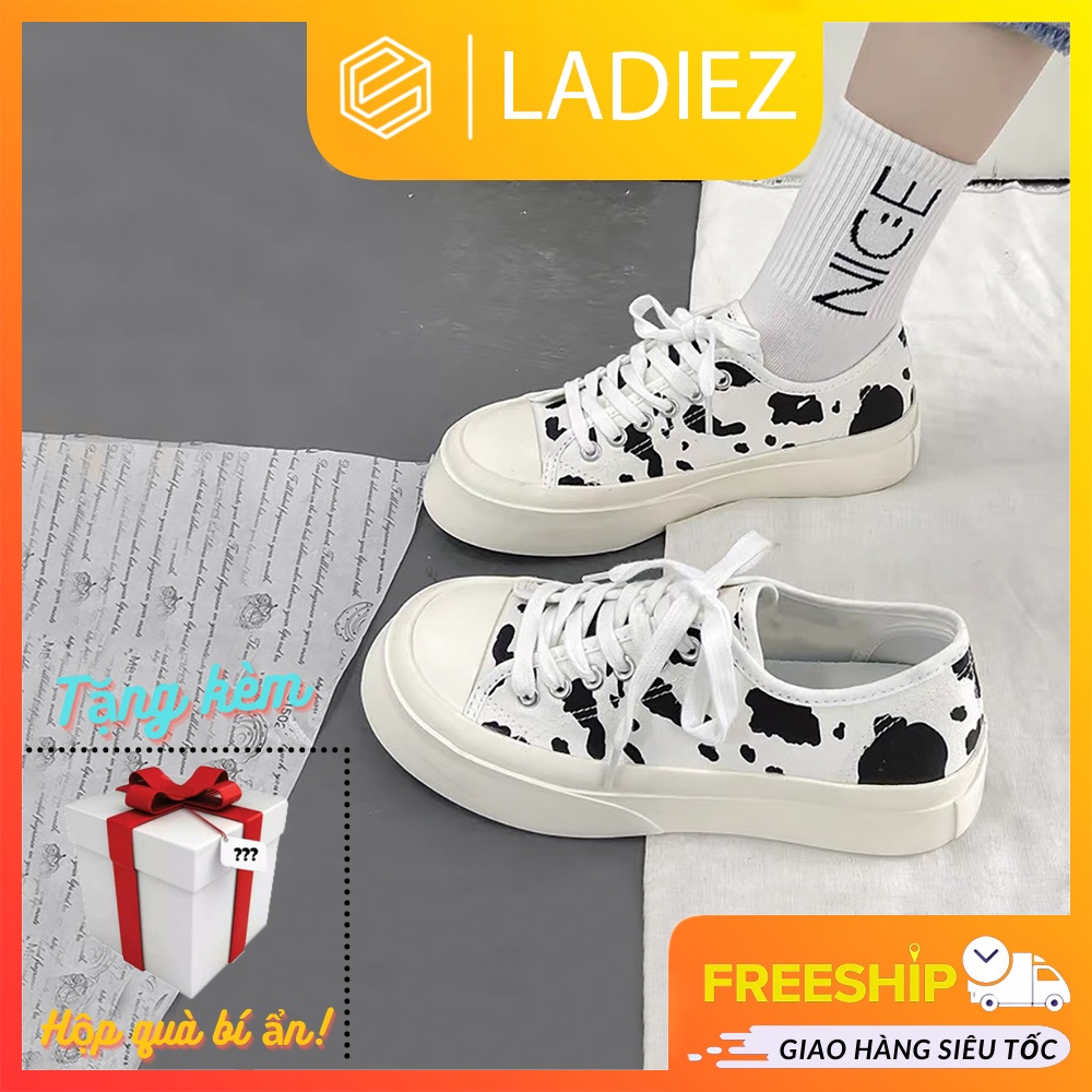 Giày Nữ Thể Thao Thời Trang Cao Cấp Ladiez Giày Sneaker Họa Tiết Bò Sữa Cổ Thấp Mềm