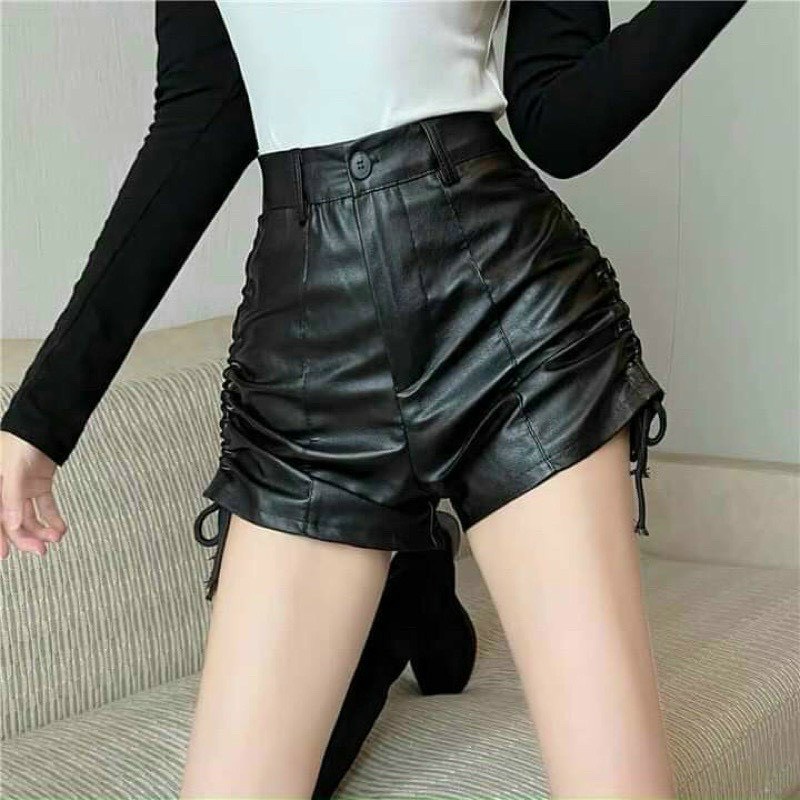 Quần shorts da trơn lưng cao rút dây 2 bên cực hot , chất da mềm mịn