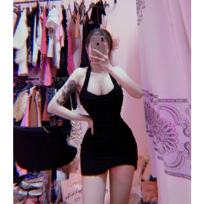 Đầm Xốp Vảy Cá Dáng Ngắn Cổ Yếm QC Hàng Xịn