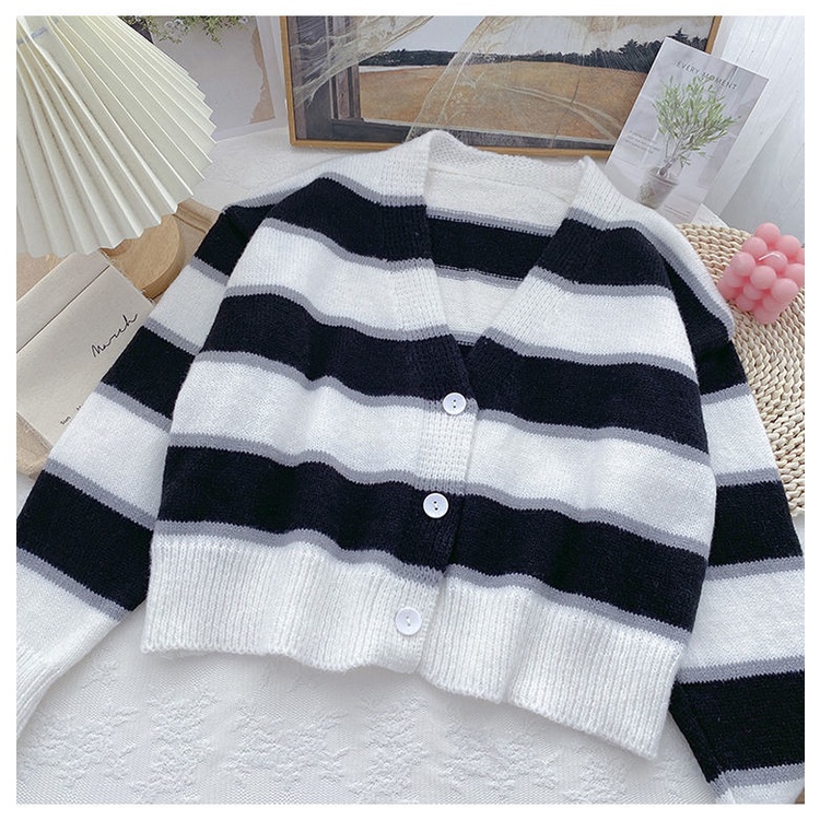Áo Sweater Dệt Kim Mỏng Dáng Rộng Tay Dài Kẻ Sọc Màu Sắc Tương Phản Thời Trang Mùa Thu Cho Nữ
