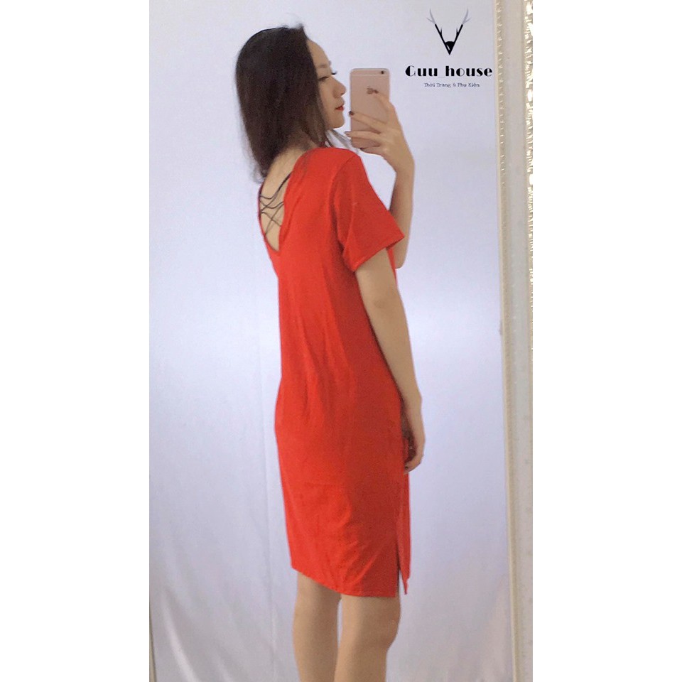 Đầm suông trơn form rộng chất cotton tàu cổ tim đan dây lưng xinh xắn | BigBuy360 - bigbuy360.vn