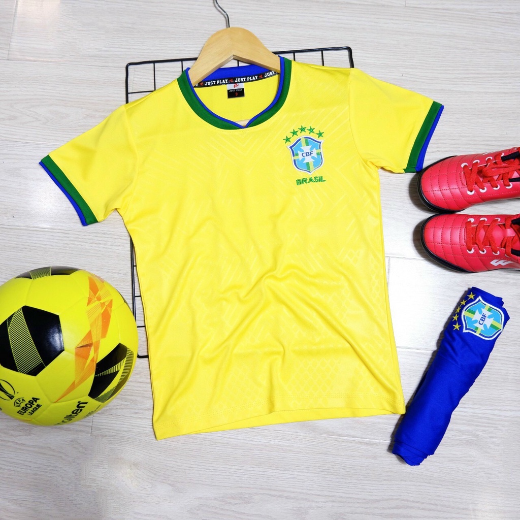 Quần áo bóng đá trẻ em tuyển brazil logo thêu ,đồ đá banh trẻ em brazil thun lạnh Siêu mát, dễ thương B28