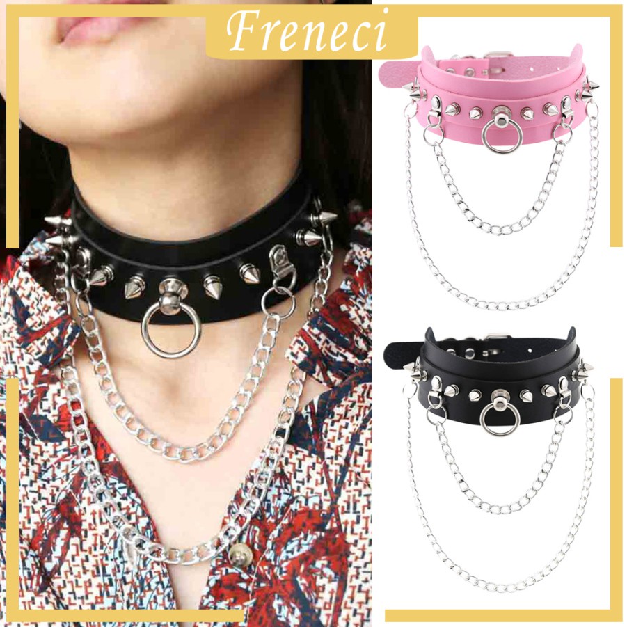 Vòng Cổ Choker Da Đính Đinh Tán Kim Loại Màu Hồng Phong Cách Gothic Có Thể Điều Chỉnh