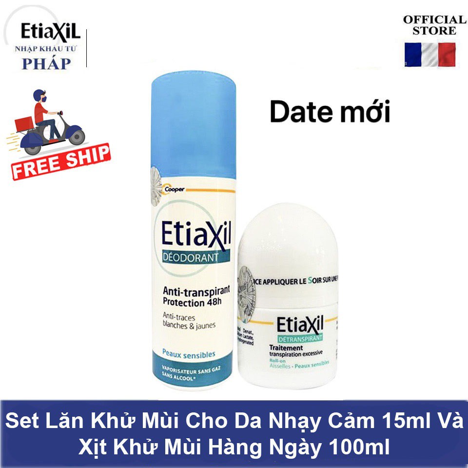 [Combo Etiaxil ] Lăn khử mùi dành cho da nhạy cảm 15ml và xịt khử mùi hằng ngày 100ml
