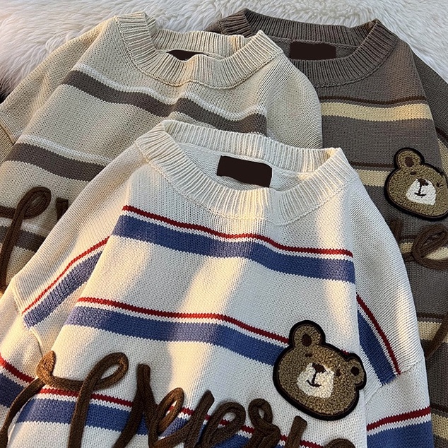 ZHELIHANGFEI Áo Sweater Tay Dài Cổ Tròn Kẻ Sọc Dễ Thương Xinh Xắn