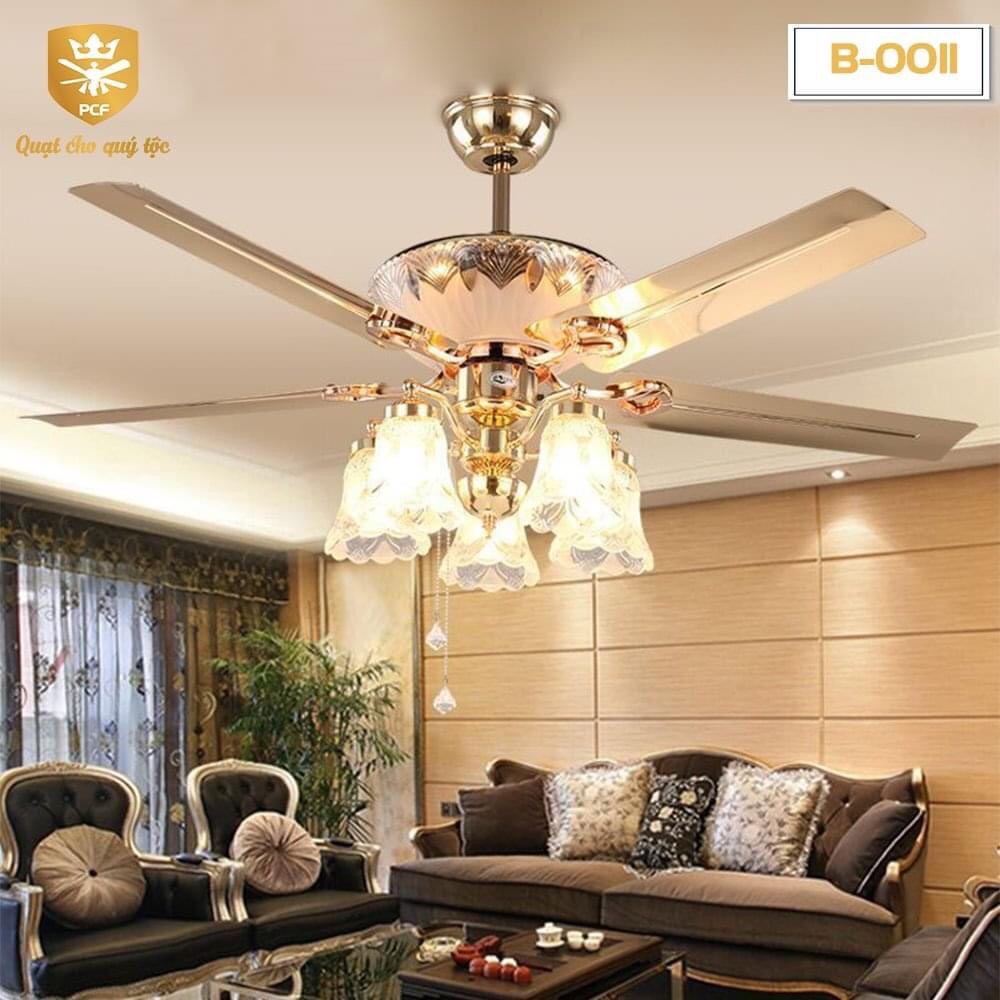 (BH 5 năm,Lõi đồng) Quạt trần đèn chùm 5 cánh phong cách Bắc Âu khiển từ xa lõi đồng 6 tốc độ gió,có chế độ đảo chiều