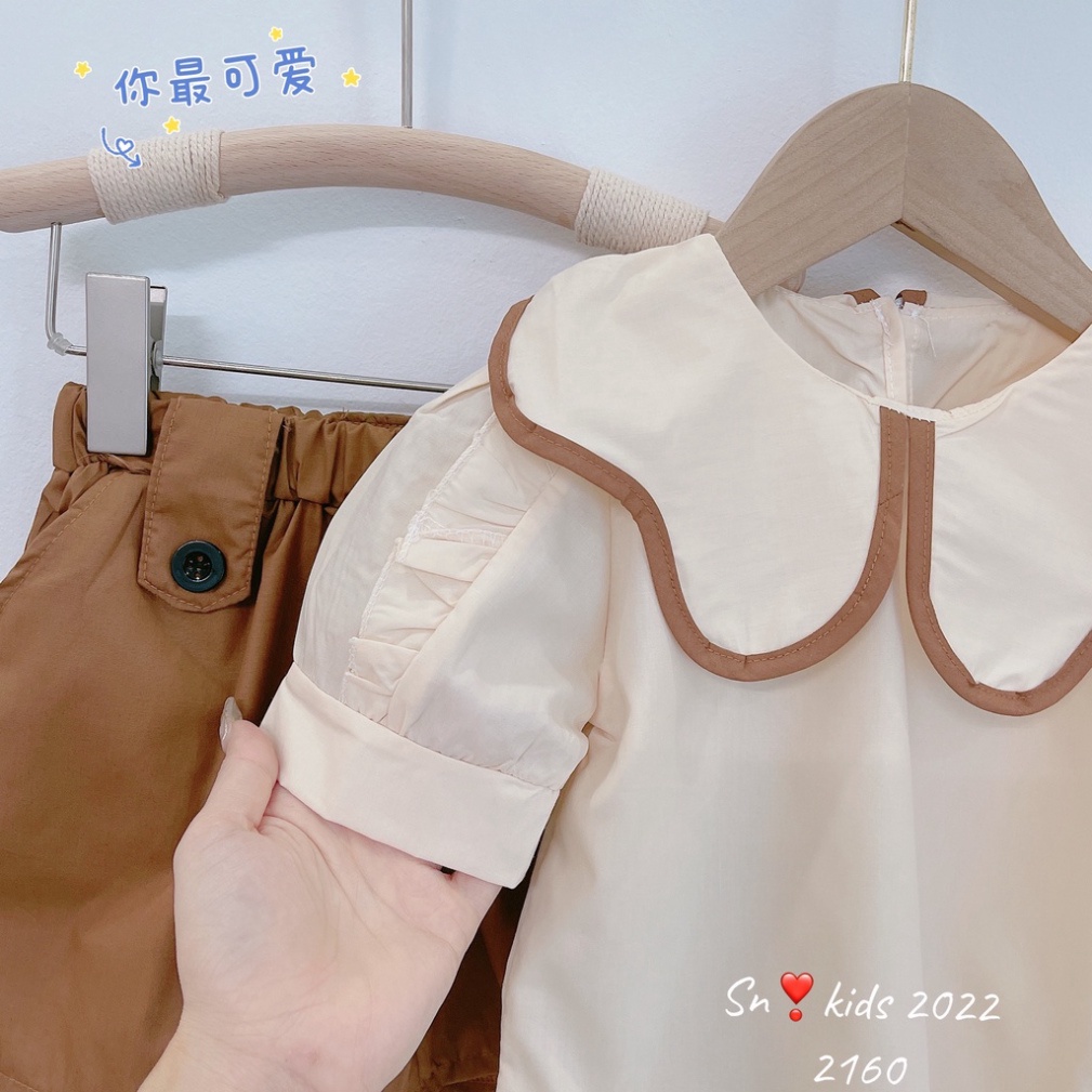 Sét đồ bé gái kiểu dáng vintage, set áo kem cổ viền lượn sóng kèm quần nâu phong cách Hàn Quốc size bé 10-30kg