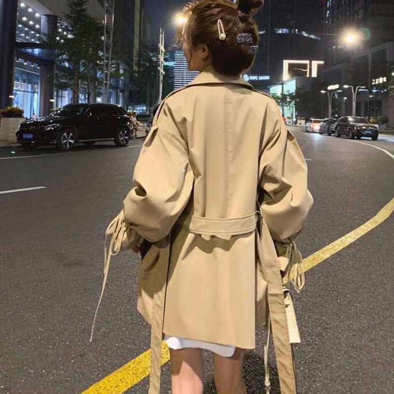 2021 autumn new rope Korean version loose short trench coat retro network celebrity popular student coat girl