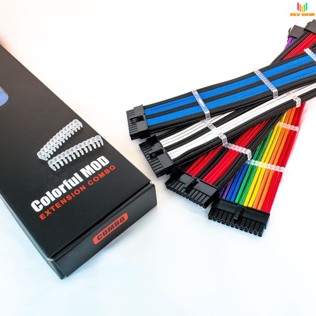 Dây nguồn 24pin bọc lưới nối dài nhiều màu, Chuẩn 18AWG