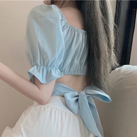 Áo Kiểu Tay Phồng Cổ Vuông Thắt Nơ Phong Cách Hàn Quốc Mới