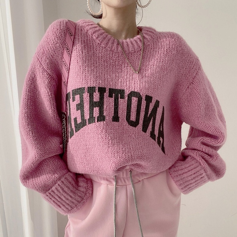 Porozi  Áo sweater nữ cổ tròn dáng rộng in chữ kiểu Hàn Quốc