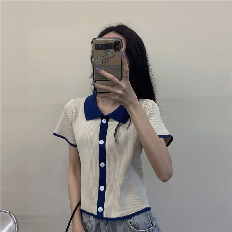 Áo Cardigan Dệt Kim Ngắn Tay Cổ V Cài Nút Màu Sắc Tương Phản Thời Trang Mùa Hè Cho Nữ