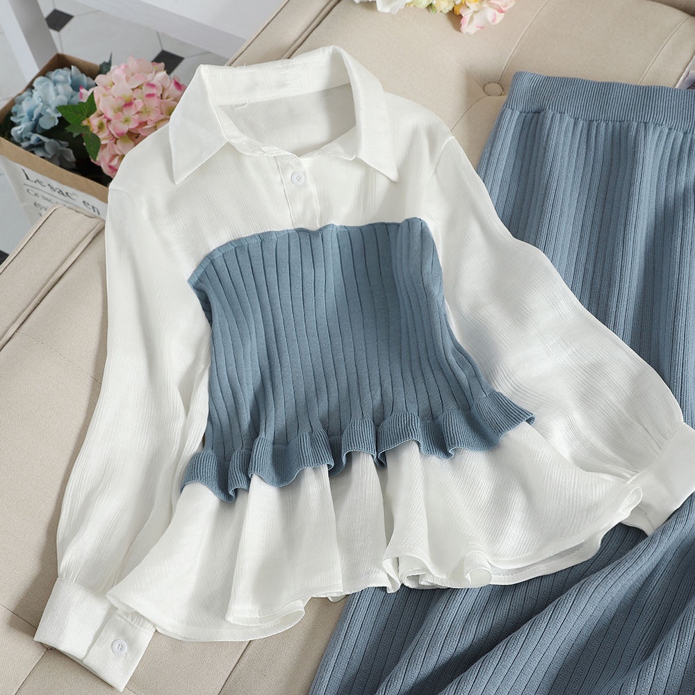 Bộ Áo Sweater Dệt Kim Dáng Ôm Phối Chân Váy Ôm Kiểu Hàn Quốc Thời Trang Thu Đông Cho Học Sinh