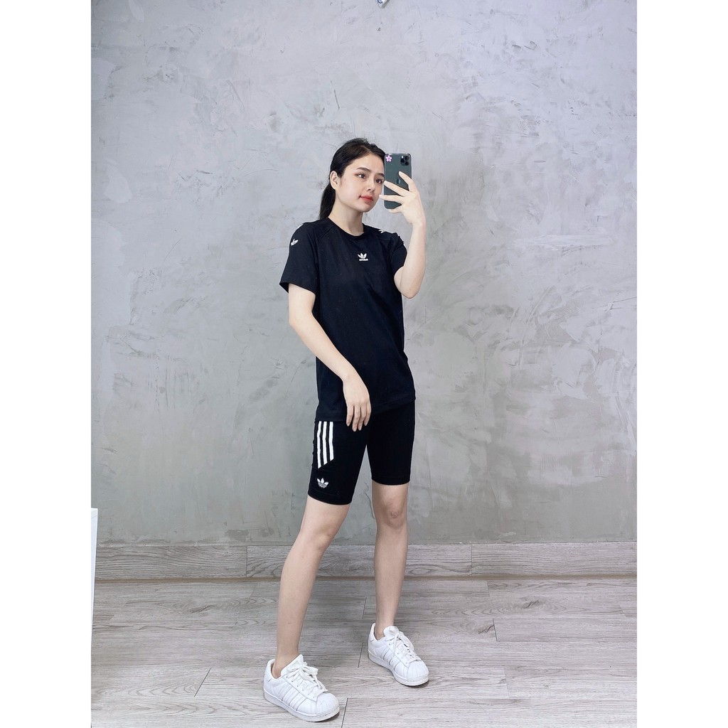 (HÀNG XUẤT XỊN) Áo đen nhiều logo 1567 Repeat Trefoil tee Made in Cambodia full tag code  Size S M L