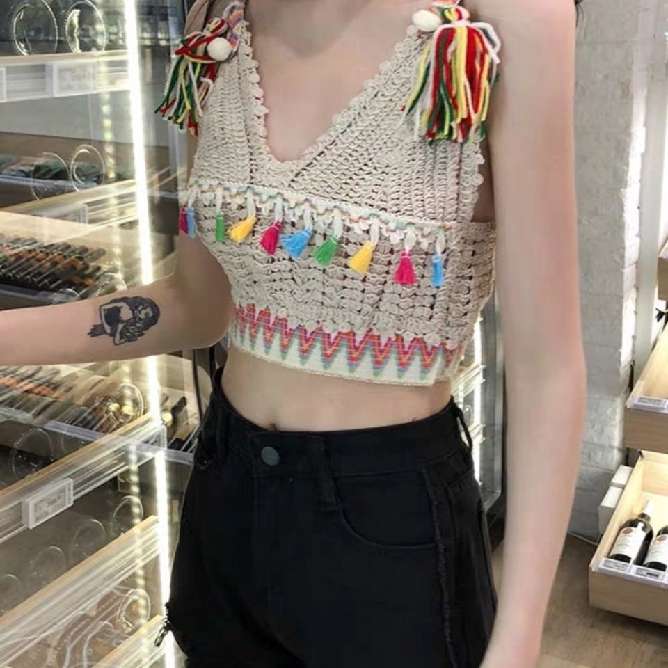 JSC Jiashucheng Áo Dệt Kim Khoét Lỗ Phối Tua Rua Màu Sắc Cầu Vồng Phong Cách Dân Tộc Thời Trang Mùa Hè 2019