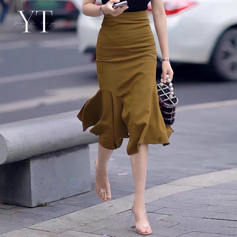 Chân Váy Đuôi Cá, Váy Dáng Dài Qua Gối Màu Đen,Vàng Form Ôm Body Lưng Cao Xẻ Tà Phong Cách Công Sở Co Giãn