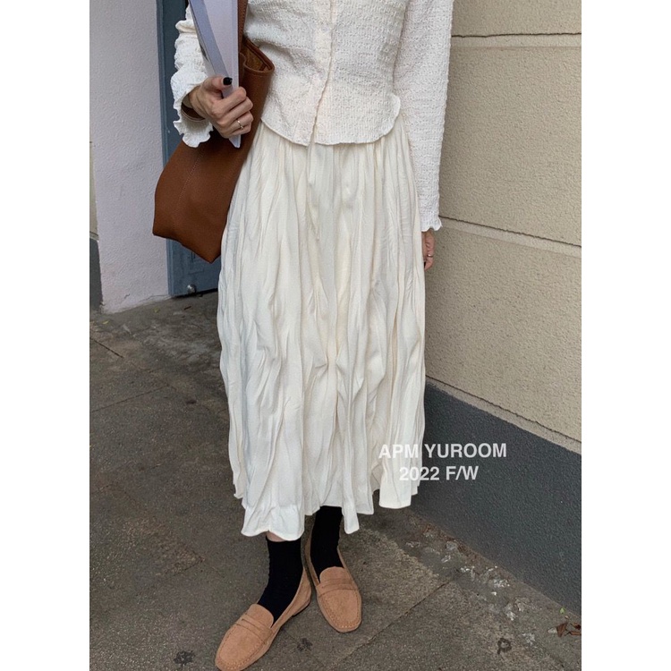 Chân váy midi SUXI lưng cao xếp ly thời trang mùa thu phong cách Hàn Quốc dành cho nữ