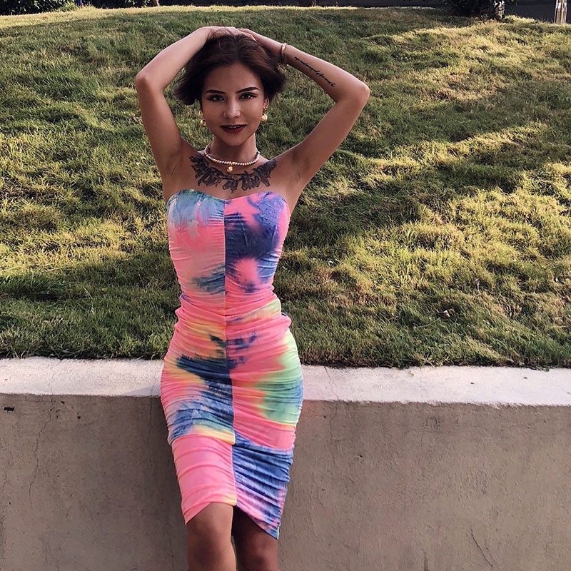 COD Sexy Strapless Muliticolor Print Slim Dress Women Sleeveless Bodycon Midi Dress | BigBuy360 - bigbuy360.vn