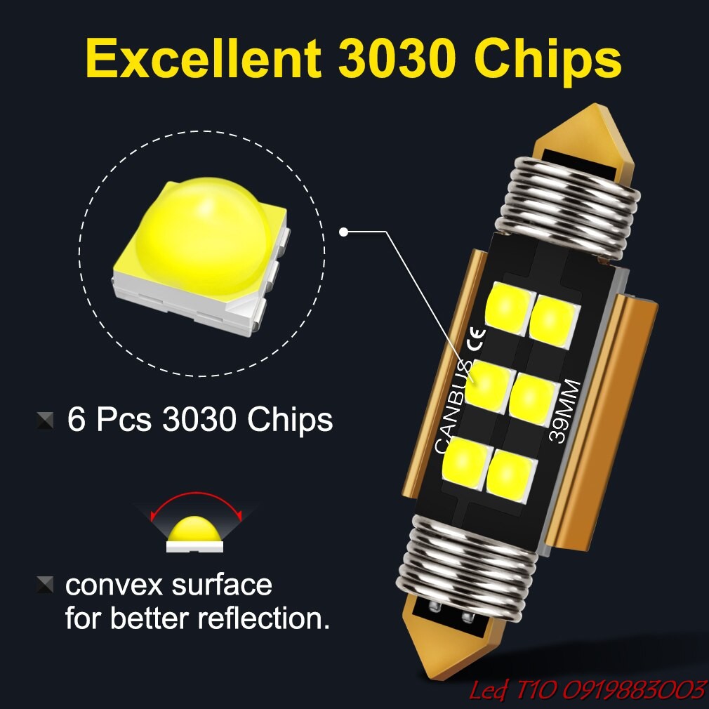 1 bóng led trần ô tô canbus 6 chip 3030 3D đời mới sáng trắng