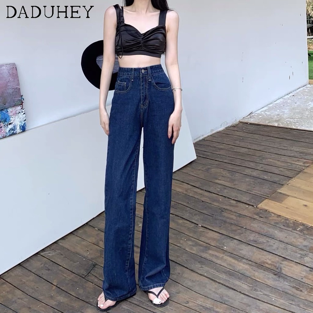 Daduhey Quần jean lưng cao ống suông rộng thiết kế thời trang mới cho nữ