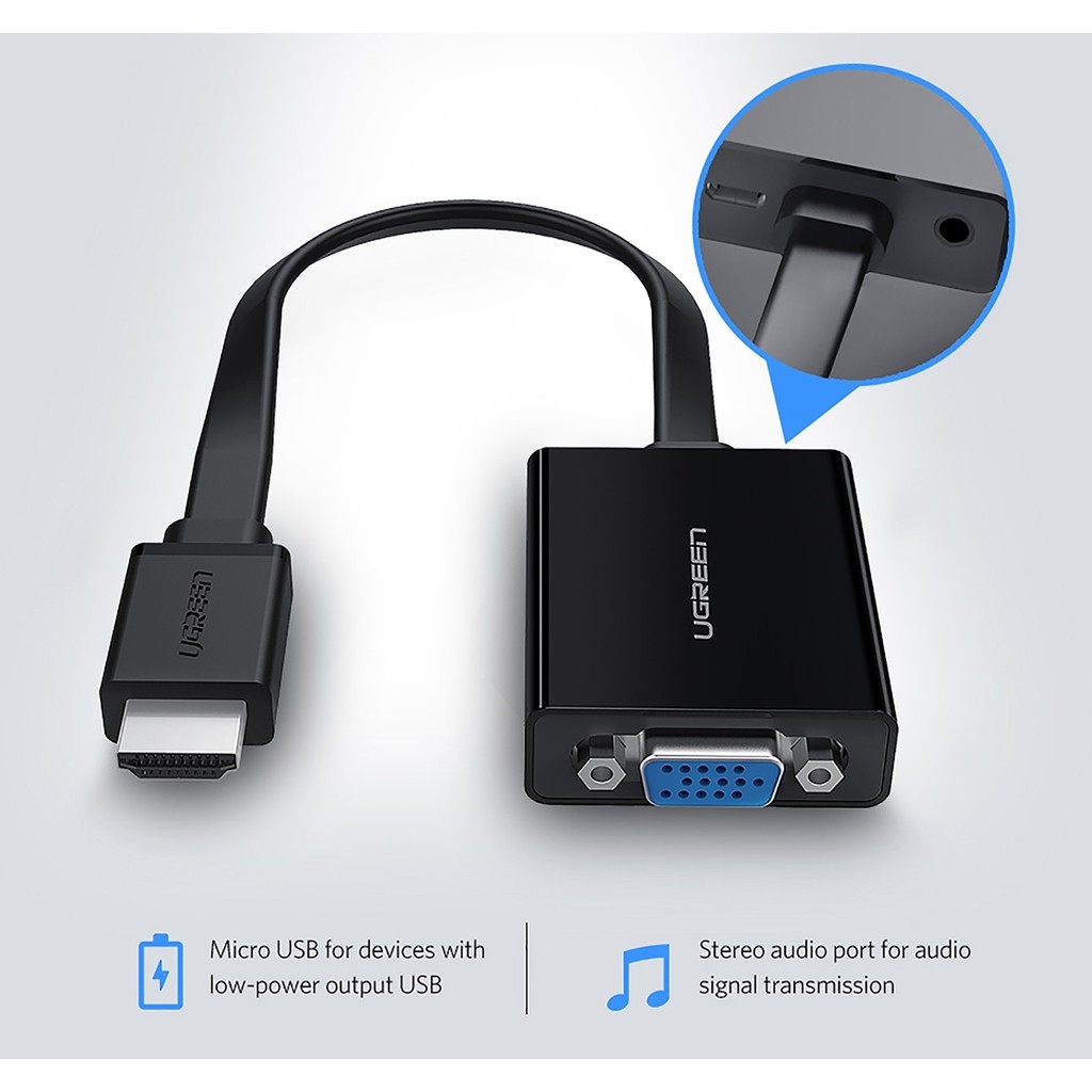Cáp Chuyển HDMI Sang Vga Dây Dẹp UGreen MM103 Chính Hãng - Có Cổng Audio (3.5mm) Và Cổng Nguồn ( Micro USB)