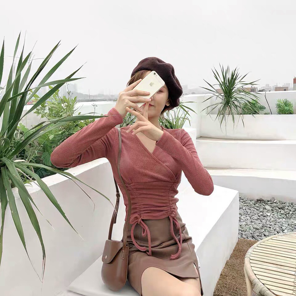 Áo Kiểu Tay Dài Cổ Đắp Chéo Rút Bụng Hai Bên Hot Trend Hàn Quốc TTSA0697