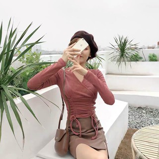 Áo Kiểu Tay Dài Cổ Đắp Chéo Rút Bụng Hai Bên Hot Trend Mùa Thu Đông TTSA0697