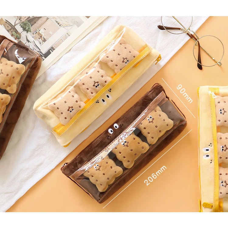 Hộp đựng bút, túi đựng bút bé bánh quy lông mịn kèm stiker bông dễ thương KT 21.5*4.5*9