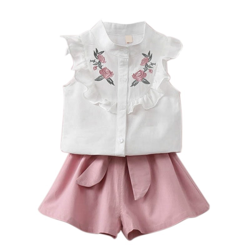 Set áo sơ mi kiểu cách ngắn tay thêu bông hoa + chân váy xòe phối nơ cho bé gái