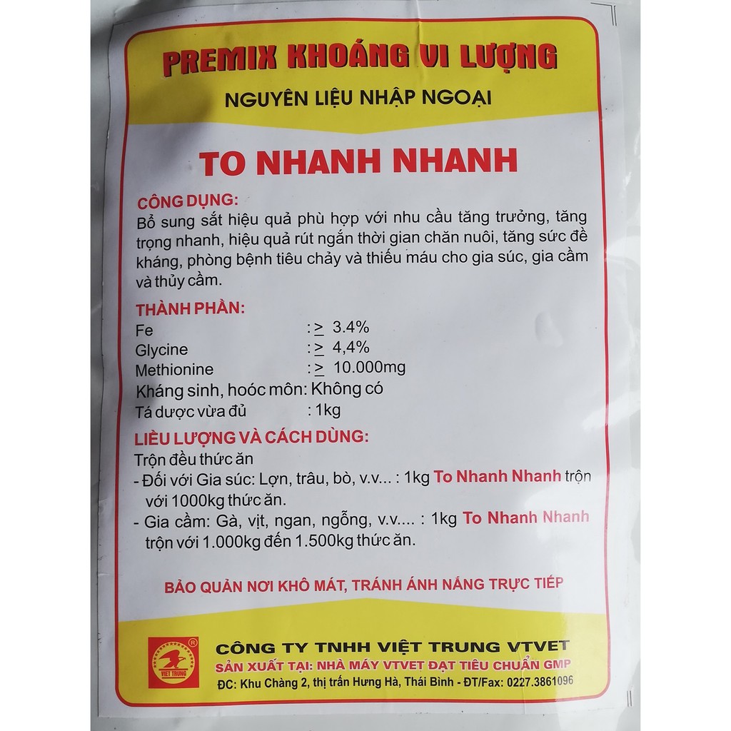 1 kg PREMIX KHOÁNG VI LƯỢNG NGUYÊN LIỆU NHẬP NGOẠI TO NHANH NHANH giúp vật nuôi, Chim cảnh tăng trưởng, tăng trọng nhanh