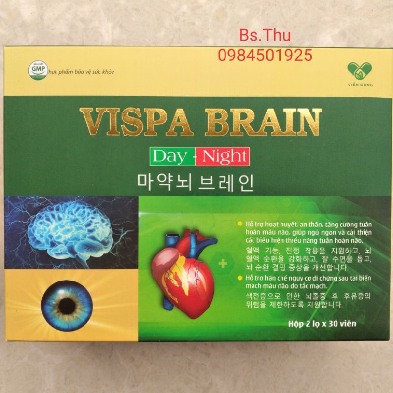 VISPA BRAIN viên bổ não ngày và đêm Hỗ trợ hoạt huyết, tăng tuần hoàn não cải thiện giấc ngủ Hộp 2 lọ x 30 viên
