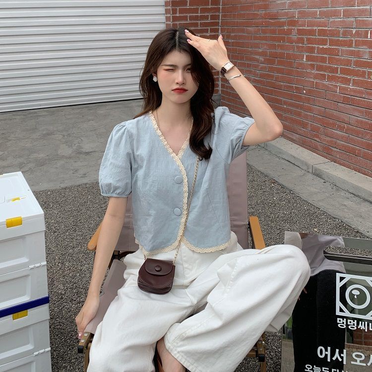 Áo Kiểu Tay Phồng Cổ Chữ V Phối Ren Phong Cách Pháp Thời Trang Mùa Hè Mới Cho Nữ
