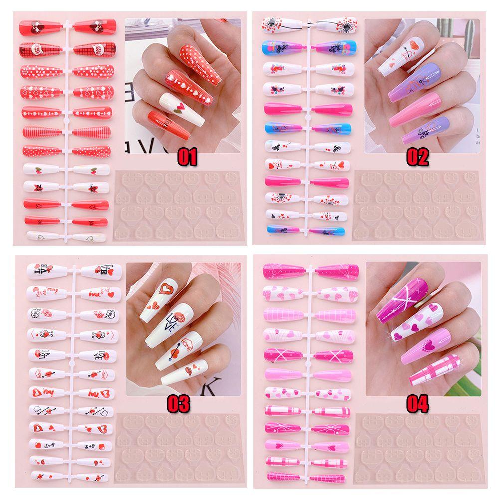 .Bộ 24 Móng Tay Giả Nối Dài Trang Trí Nghệ Thuật Trái Tim