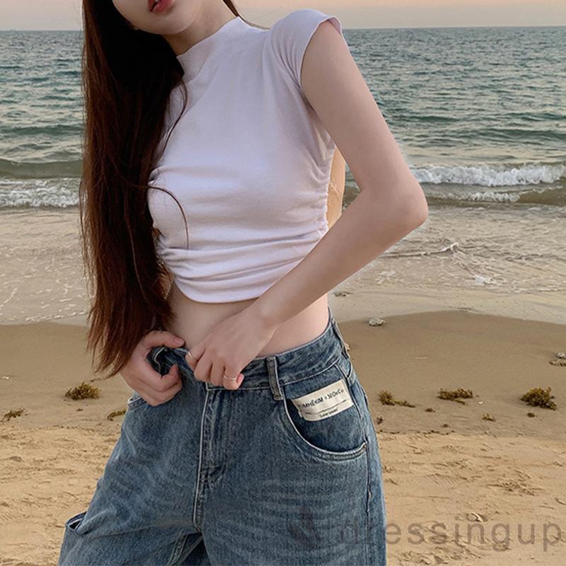 Áo Thun Ngắn Tay Hở Lưng Cổ Rùa Màu Sắc Trơn Thời Trang Mùa Hè Cho Nữ