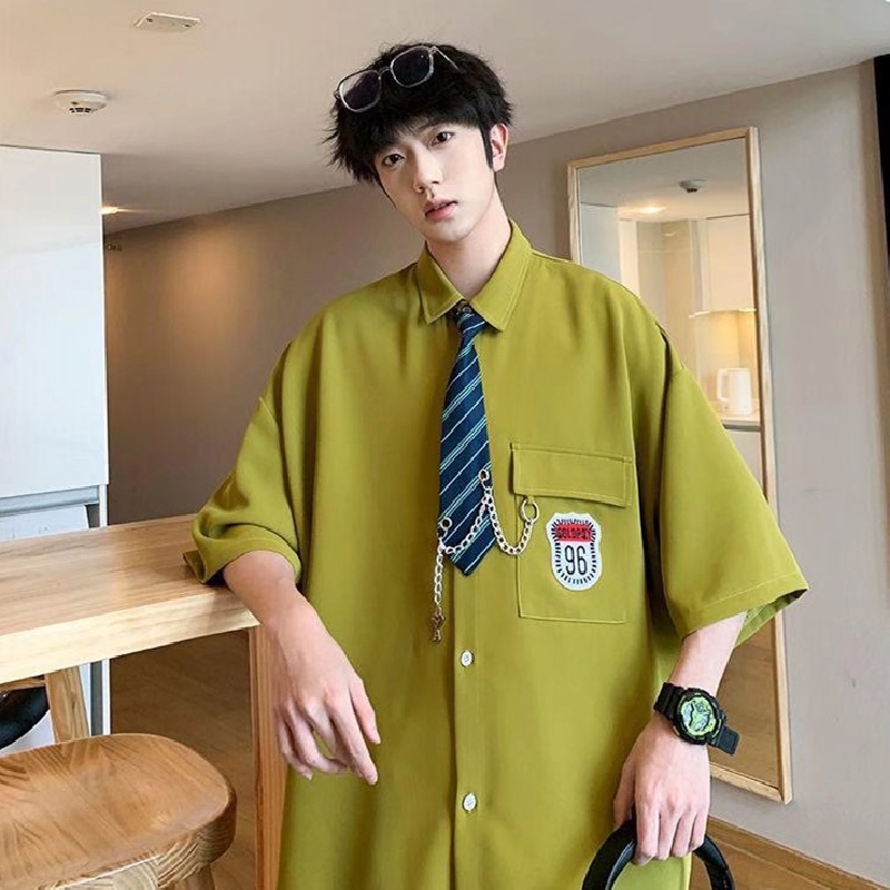 Áo Sơ Mi Ngắn Tay Phối Túi Hộp Form Rộng Phong Cách Hip Hop Hàn Quốc