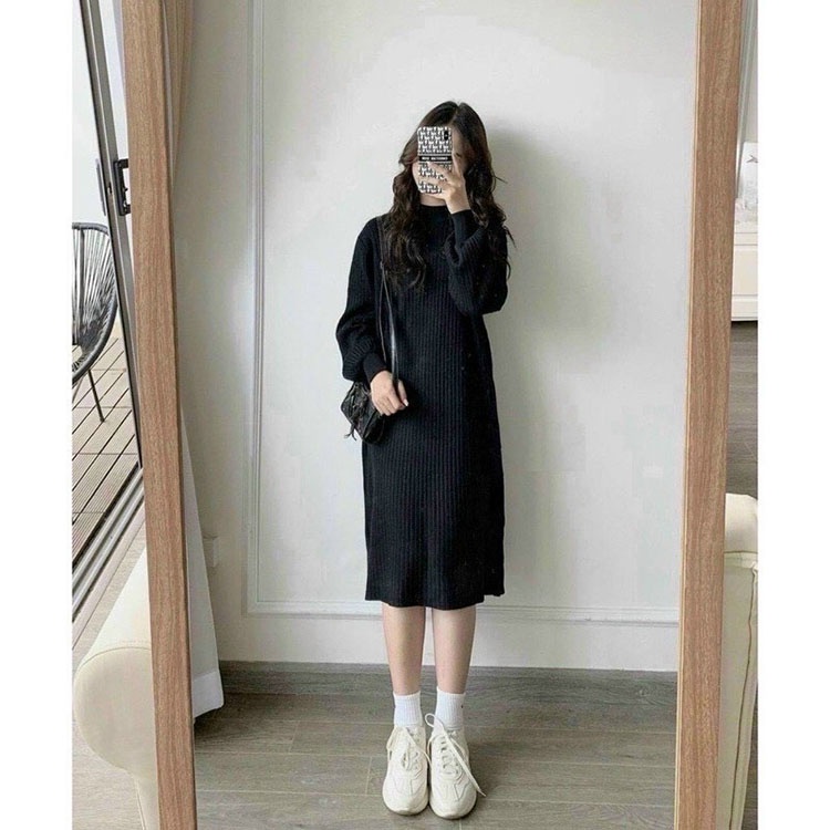 Váy dáng suông dài tay bo chun chất len tăm mịn cổ cao, Đầm nữ dài cổ tròn mùa thu đông 3 màu - Trabinhshop