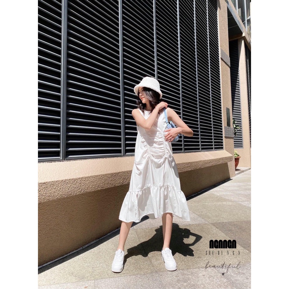 Váy Rút Dây Eo Đuôi Tầng Trắng Freesize - Váy Đầm Khoét Nách Dáng Suông Rộng Rút Eo Ulzzang
