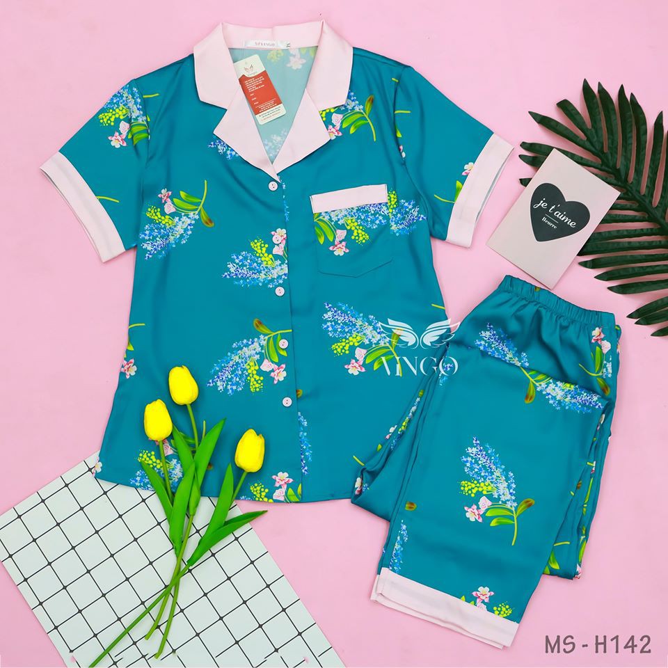 Đồ Bộ Ngủ Nữ Pijama Mặc Nhà VINGO Lụa Pháp Tay Ngắn Quần Dài Họa Tiết Hoa Lavender Trang Nhã Sang Trọng H142 VNGO