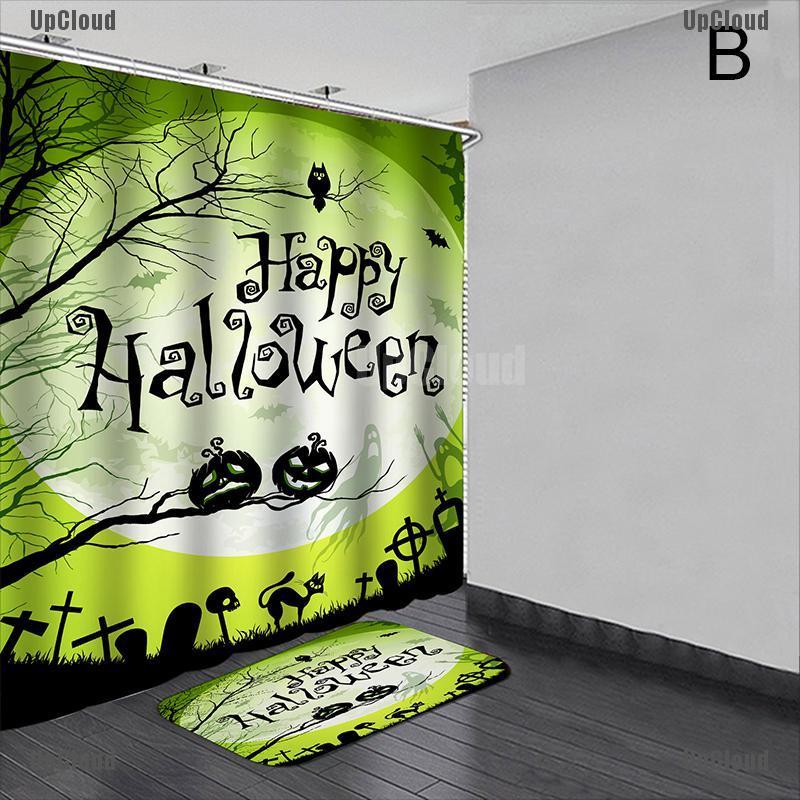 Bộ Rèm Cửa + Thảm Lót Sàn + Rèm Phòng Tắm Chống Thấm Nước Chống Trượt In Hình Halloween