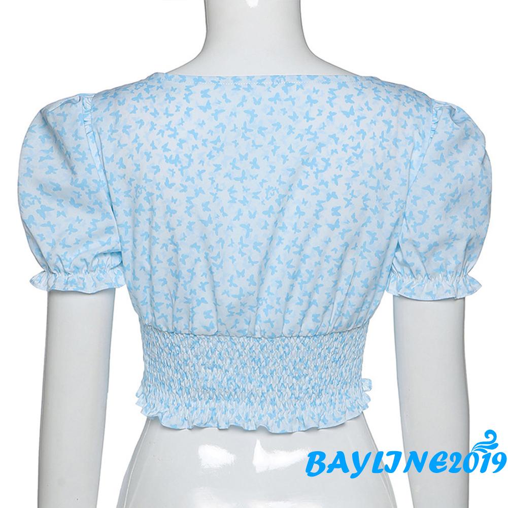 Áo croptop cổ vuông tay phồng ngắn phối ren phong cách vintage thời trang mùa hè cho nữ